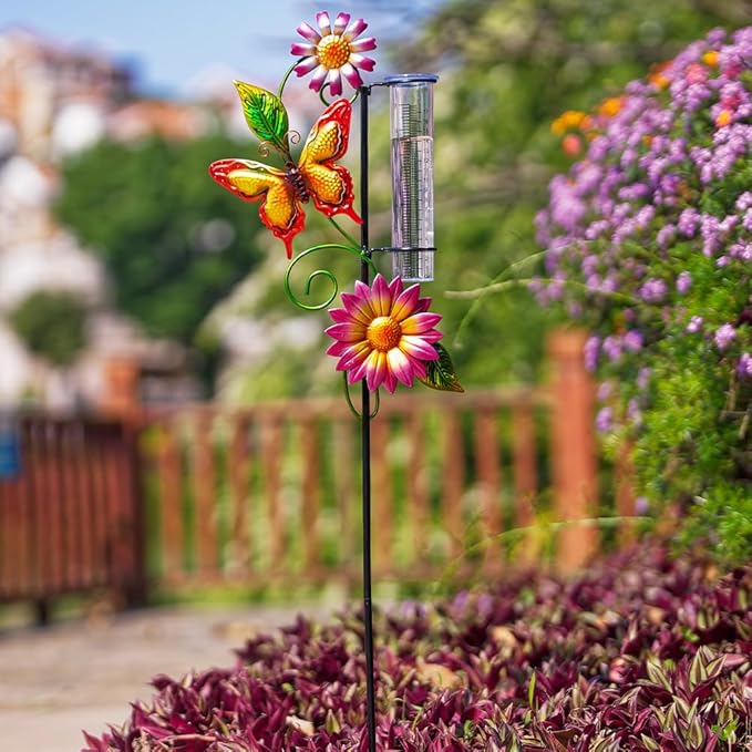 Rain Gauge Outdoor, Butterfly Rain Gauge, Decorative Rain Measure Gauge with Metal Stake, 7" Tube Rain Measure Tool for Yard