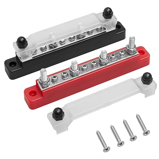 RED WOLF 150A 12V Bus Bar with Cover, 4 x 1/4" (M6) 6 x #8 (M4) Studs Power Distribution Terminal Block 48V DC Car Boat Marine Solar System (Black+Red)