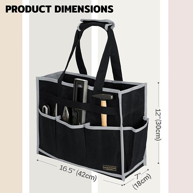Tool Bag,Tool Pouch with 6 Pockets,Heavy Duty Waxed Canvas Garden Tool Bag Tool Case,16.5 x 7 x 12 Inch & Black