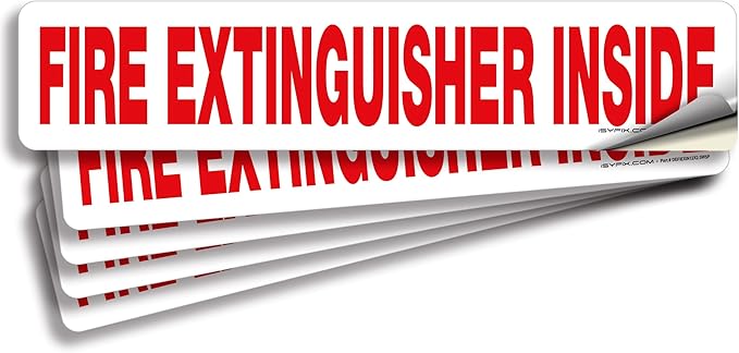iSYFIX Fire Extinguisher Inside Signs Stickers for Vehicles – 5 Pack 12x2.5 Inch – Self-Adhesive Vinyl Decals, Laminated for UV, Weather, Scratch, Fade Resistance, for Cars, Trailers, Rv's and Trucks