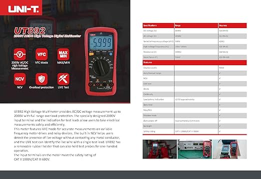 UNI-T UT892 2000V AC/DC High Voltage Digital Multimeter Features VFC Mode Built-in NCV 6000 Counts True RMS