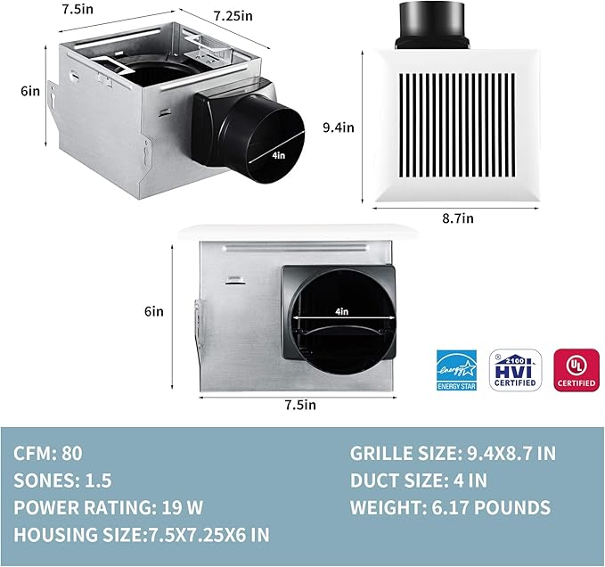 Tech Drive Very Quiet Bathroom Exhaust Fan - 80 CFM, 1.5 Sone, No Attic Access Needed, Energy Star Certified, Easy to Install,4-Inch Duct, Ceiling Mounted for Bathrooms Up to 85 Sq. Ft