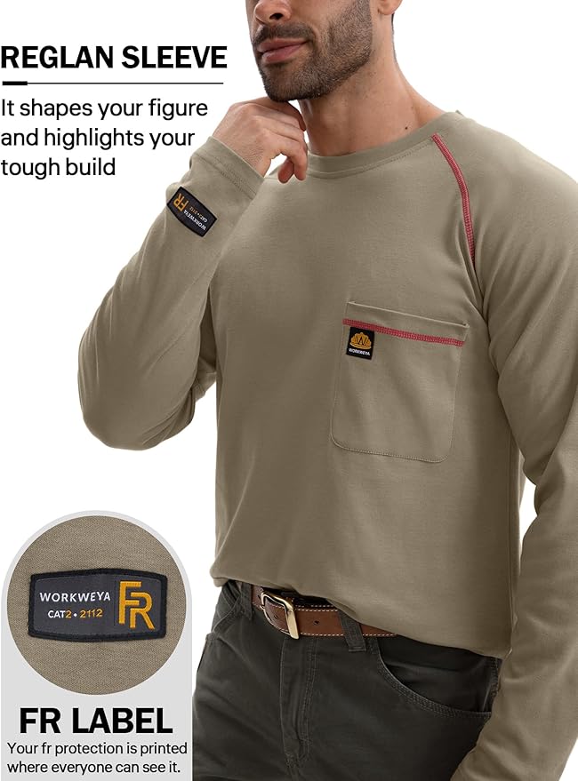 WORKWEYA FR Shirts Flame Resistant Shirt 6.5oz Men's NFPA 2112/CAT2 Long Sleeve Shirt