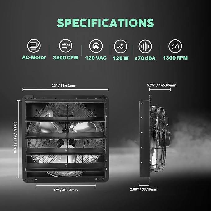 YOZON 20" Shutter Exhaust Fan with Speed Controller, Wall Mounted Wall Exhaust Fan, Automatic Shutter, High Speed, 3200CFM, Vent Fan for Garage, Greenhouse, Shed, Warehouse and Workshop - Black