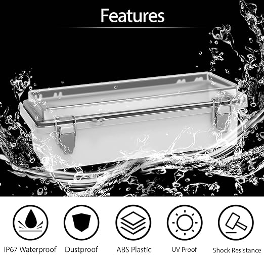 LeMotech Electrical Box, IP67 Waterproof Hinged Clear Cover Stainless Steel Latch Junction Box, ABS Plastic Electrical Enclosure with Mounting Plate,Wall Brackets, Cable Glands,10.2"x4.3"x2.9",Grey