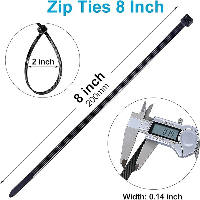 150 Pack Zip Ties 8 Inch Black, 40Lbs Tensile Strength, Premium Nylon Cable Ties, Plastic Zip Ties, For Garage Cable Management, Home, Garden Trellis Ties, Indoor And Outdoor Use