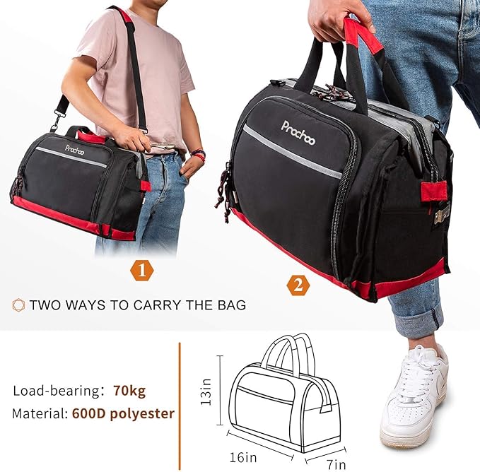 Tool Bag, Waterproof Tool Bags for Men or Women, 16-inch Wide Mouth Tool Bag Organizer with 25 Pockets for Tool Storage Bag, with Adjustable Shoulder Strap (Black/Red)