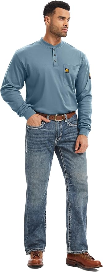 WORKWEYA 6.5oz Flame Resistant Henley Shirt 100% Cotton Lightweight FR Shirts for Men