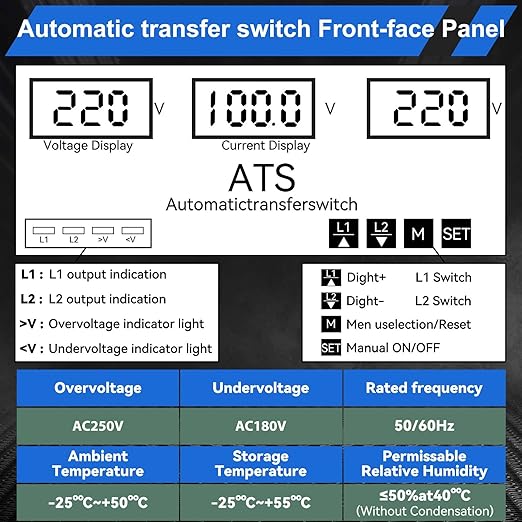 100A 220V Automatic Transfer Switch, 2P Dual Power Select Interruptor Electrical Changeover Switch with LED Display, Mini ATS Din Rail Mount, 50/60Hz CE Certified for Home Backup Power