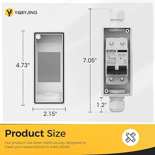 DC Solar Panel Disconnect Switch 25 Amp AC Miniature Circuit Breaker Box 500V 2 Poles with IP65 Waterproof UV-Proof Box for Outdoor Solar PV Homes Battery