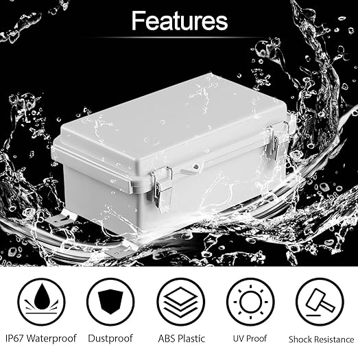 LeMotech Electrical Box, IP67 Waterproof Hinged Cover Stainless Steel Latch Junction Box, ABS Plastic Electrical Enclosure with Mounting Plate,Wall Brackets, Cable Glands,8.2"x4.2"x2.9",Grey