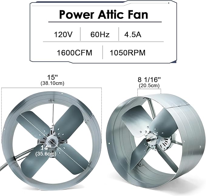 Hiorucet Upgraded 15 Inch Gable Vent Attic Fan with Switch, 1600CFM 2400 SQF High Performance Low Noise Exhaust Fan with Adjustable Thermostat, 14 Inch Blade and Permanently Lubricated Motor 1050RPM.
