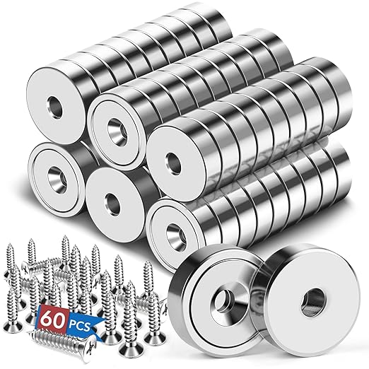 LOVIMAG 20lbs Strong Rare Earth Magnets, 60Pcs Neodymium Cup Magnets, Waterproof Pot Magnet with Countersunk and Screw Ideal for Tool Room,Science,Craft,Office - 0.63x0.19inch