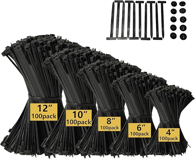 Zip Ties, Cable Ties, 4"+6"+8"+10"+12" 510Pcs Black High-Grade Self-Locking Nylon Zip Ties, Tensile Strength 18-48Lb For Home Office, Garden, Workshop Fences