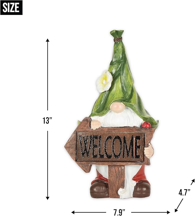 Accent Plus Gnome with Glowing Welcome Sign Solar Statue