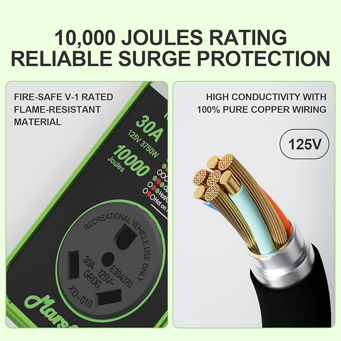 Marsflex Rv Surge Protector, 30amp Rv Circuit Analyzer, 10000 Joules Surge Protection with Waterproof Cover, LED Display, rv Voltage Protector for Camper, Travel Trailers, Motorboat, Color Green