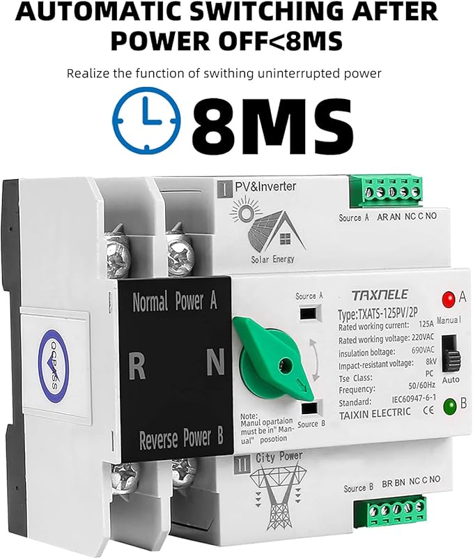 Dual Power Automatic Transfer Switch Selector Uninterrupted Power 2P 63A 100A 125A Photovoltaic Automatic Changeover Toggle Switch Din Rail ATS PV Solar Inverter UPS (125A(PV))