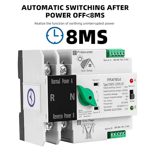 Dual Power Automatic Transfer Switch Uninterruptible Power 2P 63A 100A 125A Photovoltaic Automatic Changeover Switch ATS PV Solar Inverter UPS Toggle Switch (100A)