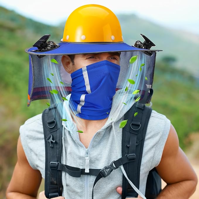 1 Set Sun Hard Hat Shade Full Brim Hard Hat Sun Visor with Solar Fans and Neck Sunshade Cover High Visibility Full Brim Mesh with Reflective Strip, Summer Protection Accessories(Blue)