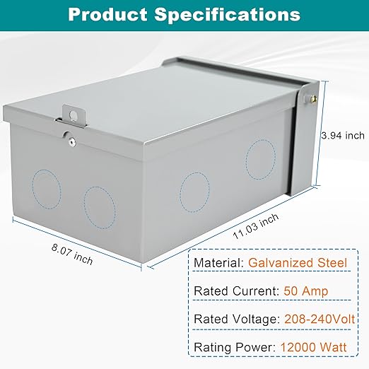50 Amp 3 Pole Generator Manual Transfer Switch, 208-240V 12000W Transfer Switch for Home Generator and Solar Power Systems, Meeting NEMA 3R Standards for Outdoor and Indoor, with Ground (50A-3P)