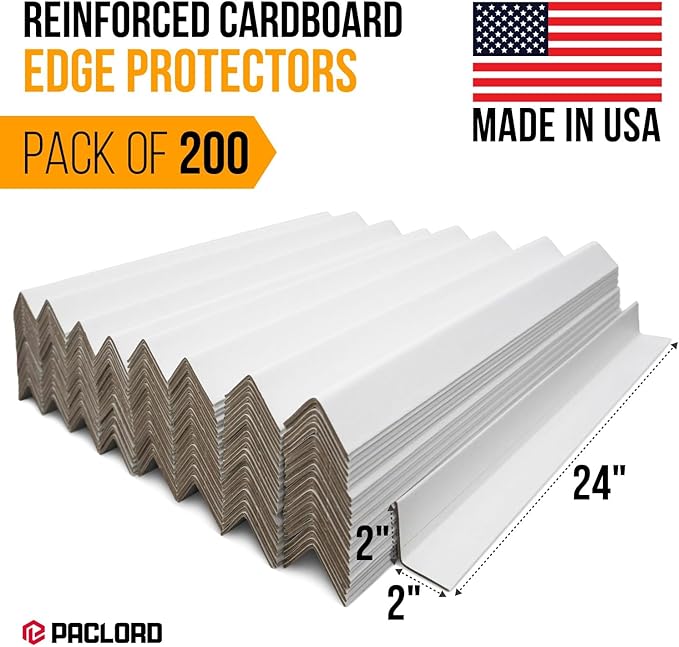 24" x 2" x 2" Reinforced Cardboard Edge Protectors, White (Pack of 200) – 0.12" Thick Medium-Duty Cardboard Corner Protectors for Shipping – American Quality V-Board Pallet Edge Guard