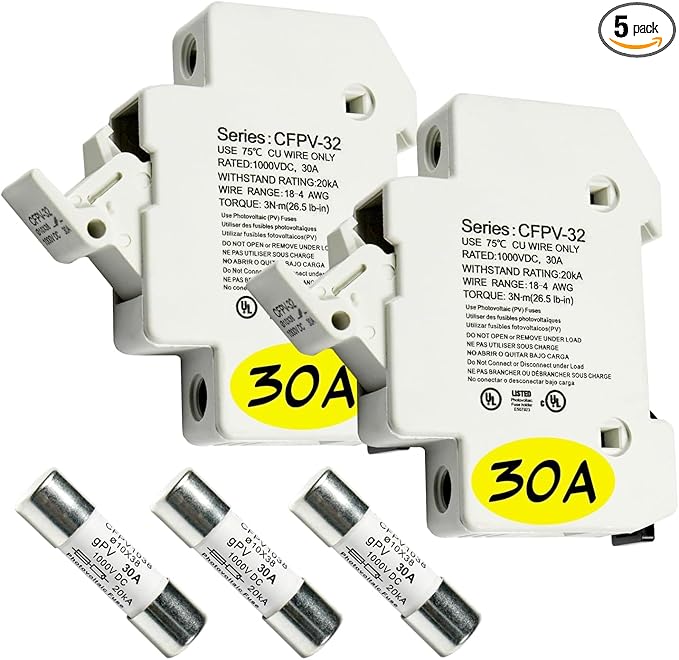 HQRP Combo: 2-Pack Solar PV CFPV-32 DIN Rail Fuse Holder, 1-32Amp, 1000VDC and 3-Pack Photovoltaic Fast Acting Fuse Links CFPV-1038, gPV Type, 30 Amp 1000V DC, 10x38mm, 20kA IR, Solar PV Ceramic Fuses