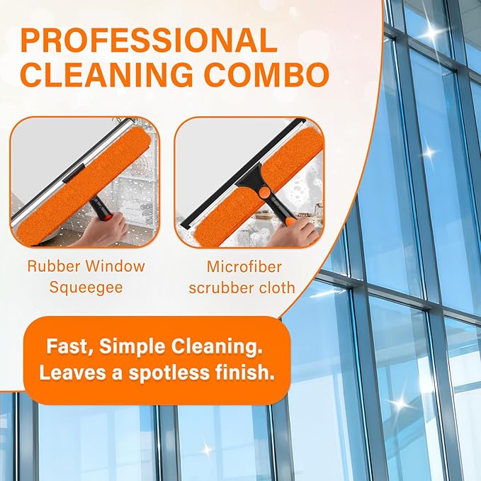 26FT Telescoping Window Cleaning Kit with 14" Squeegee - 2-in-1 Professional Window Scrubber & Extension Pole - Extra Long High-Reach Glass Cleaner Tool for Indoor & Outdoor High Windows, RV