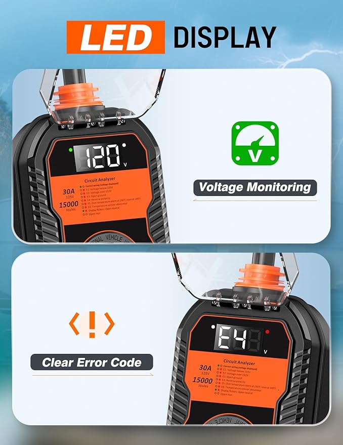 15,000J RV Surge Protector 30 Amp with LED Display, 30 Amp RV Surge Protector with Voltage Monitoring, Clear Error Codes, Comprehensive Detection, IP68 Waterproof Cover