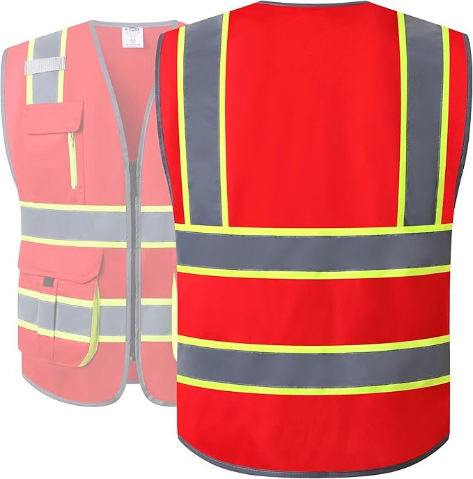 JKSafety 7 Pockets High Visibility Red Safety Vest for Men and Women Zipper Front with Hi-Vis Reflective Strips Meets ANSI/ISEA Standards (XX-Large, 130-Red)