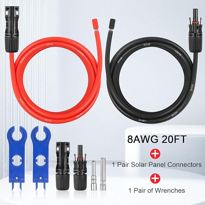 8AWG Solar Extension Panel Cable - 10FT Solar Wire with Waterproof Female and Male Connector and Solar Panel Adaptor Kit Tool PV Wire for RV, Home, Boat, Solar Panels(10feet Red + 10feet Black)