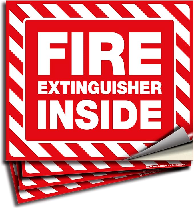 iSYFIX Fire Extinguisher Inside Signs Stickers – 4 Pack 7x6 Inch – Self-Adhesive Vinyl Decals, Laminated for UV, Weather, Scratch, Fade Resistance, for Cars, Trailers, Rv's, Trucks and Vehicles