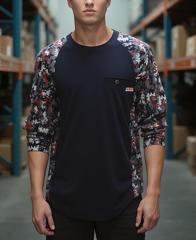 BOCOMAL FR Shirts Crewneck 5.5oz Lightweight Cotton Paisley Camo Two-Tone Flame Resistant Long Sleeve CAT2 Work Shirt