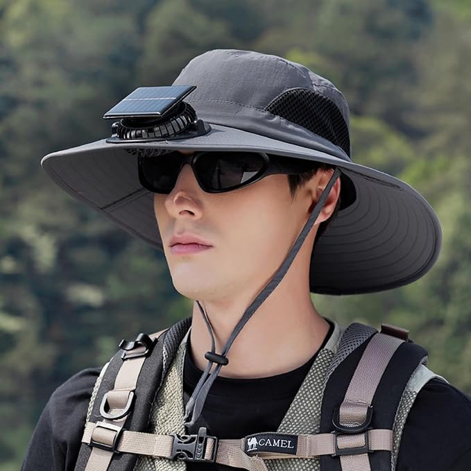 Extra Wide Brim Solar Fan Hat, Mens Fishing Hat with Fan, Neck Flap Sun Hat, UPF 50+ Solar Powered Cooling Cap Fisherman Hats