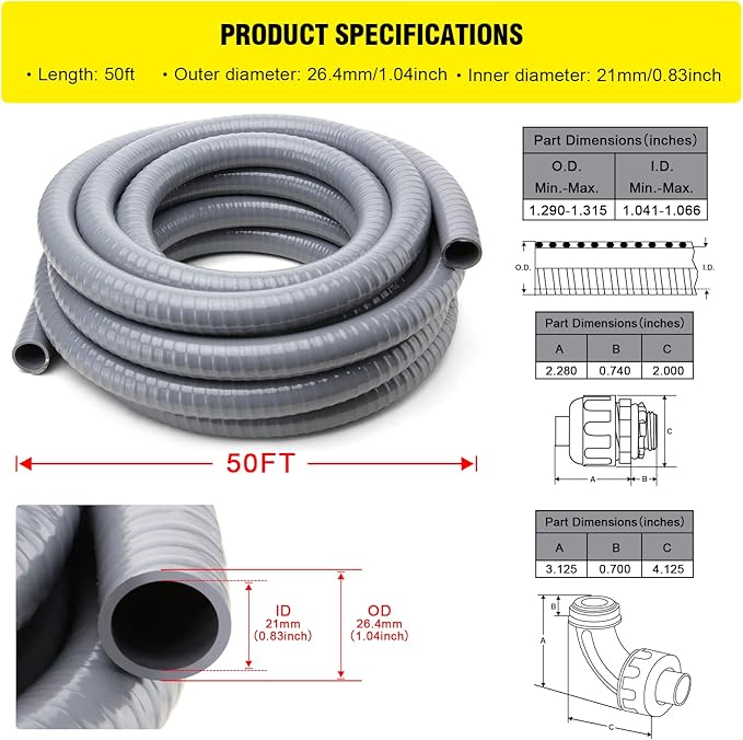 DWALE Liquid-Tight Conduit and Connector Kit,Flexible Non Metallic Liquid Tight Electrical Conduit,3/4inch 50ft Electrical Conduit Kit,with 8 Straight and 8 Angle Fittings Included,3/4 in. Dia