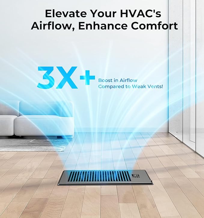 VELLEE Quiet Register Booster Fan Fits 4" x 12" (DUCT OPENING CUTOUT), 10-Speed Smart Heating Cooling AC Vent Booster Fan w/Remote Control & Thermostat Control (Black) - Corded