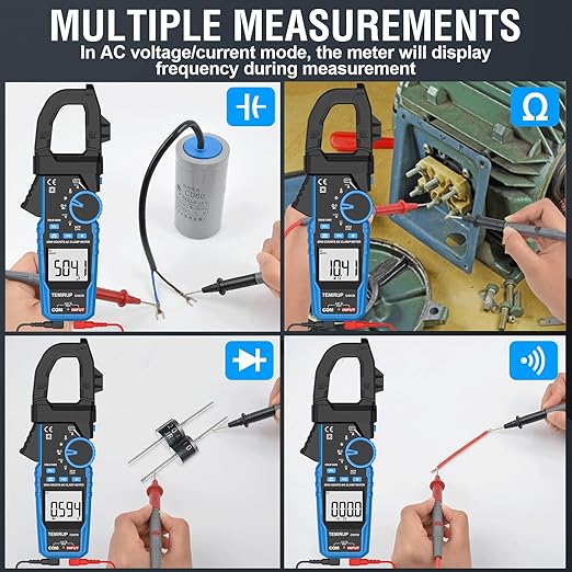 Digital Clamp Meter Multimeter - TEMIRUP Auto-ranging 6000 Counts Amp Voltage Tester with D-Shaped Jaw VFD Mode, Measuring NCV, AC/DC Voltage AC Current Temperature Capacitance Resistance Continuity