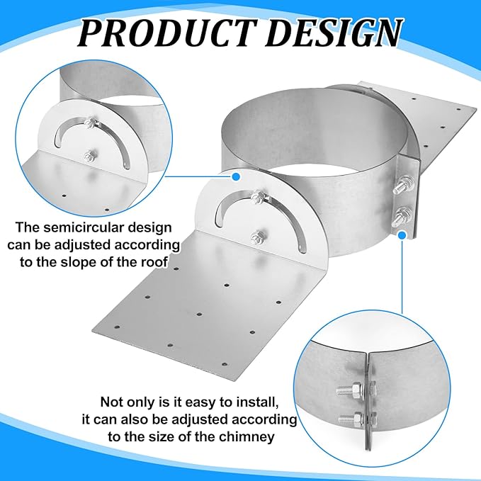 Hicarer 8 Inch Chimney Roof Support Bracket Stove Pipe Roof Brackets Adjustable Galvanized Support Kit with Fixing Holes for Double Wall Insulated Chimney Pipe