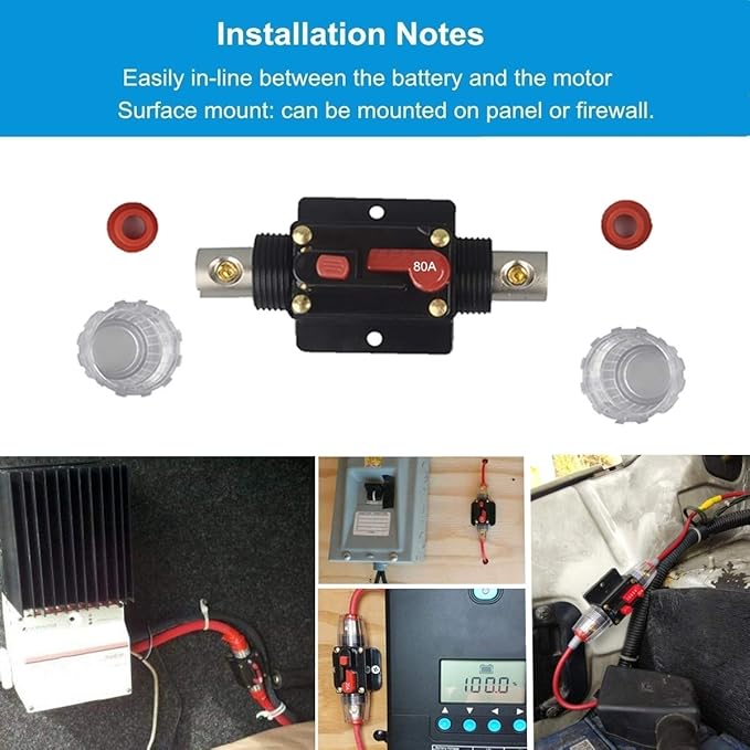 30A 40A 50A 60A 80A 100A 150A Audio Circuit Breaker Auto Car Stereo Inline Fuse Holders Inverter, Manual Reset 12V-24V DC for Automotive Marine Boat Audio System Protection (80A)