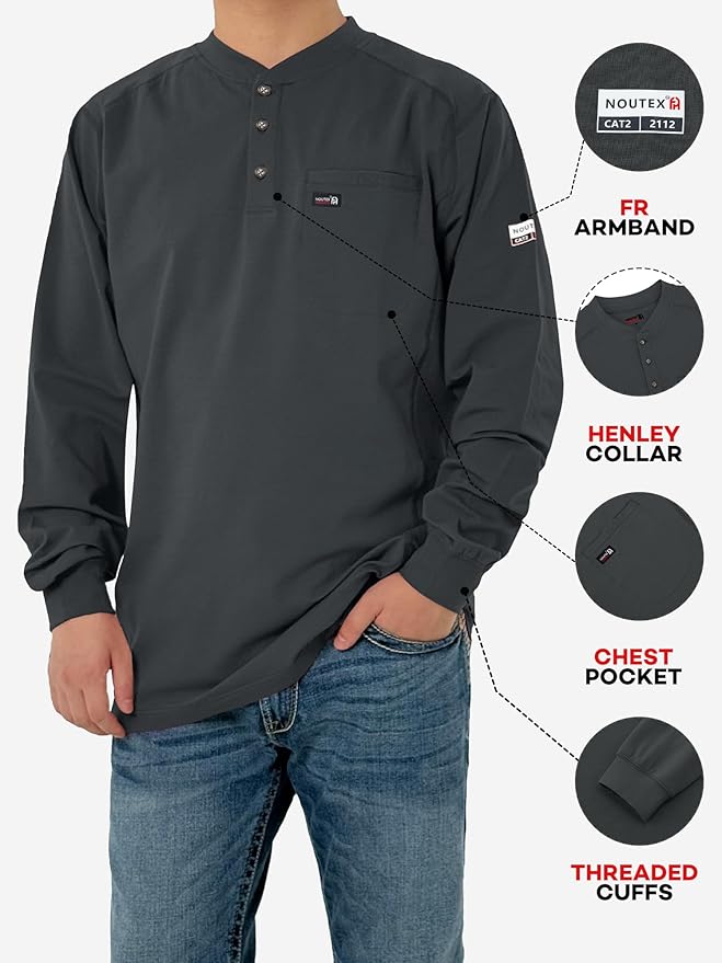 FR Shirts for Men 6oz Lightweight Stretch Work Shirt Flame Resistant Long Sleeve Henley Shirt CAT2