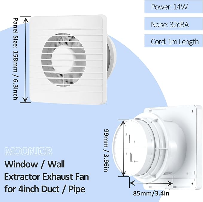 4inch Exhaust Fan, Window Wall Mount Vent Extractor Fan w/Button Switch, Cord for Kitchen Bathroom Workshop Garage (Grilles Panel with Mesh)