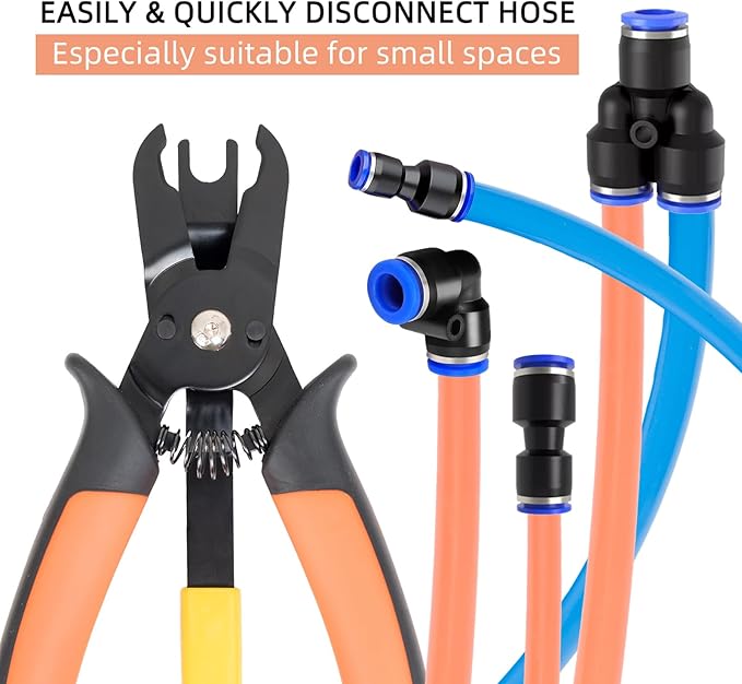 Push to Connect Fittings Air Line Disconnect Tool Kit Push Fitting Removal Tool for 1/4”, 5/16”, 3/8”, 1/2” (6mm, 8mm,10mm,12mm) Quick Connect Release Pliers with 15 Pcs Pneumatic Fittings