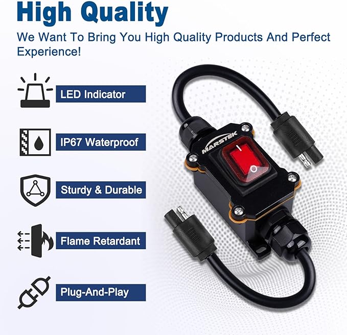 12V Inline Power Switch, IP67 Waterproof SAE to SAE Cable with On/Off Switch, 14AWG Heavy Duty Quick Connect/Disconnect for Solar Panels, RVs, Motorcycles, and More