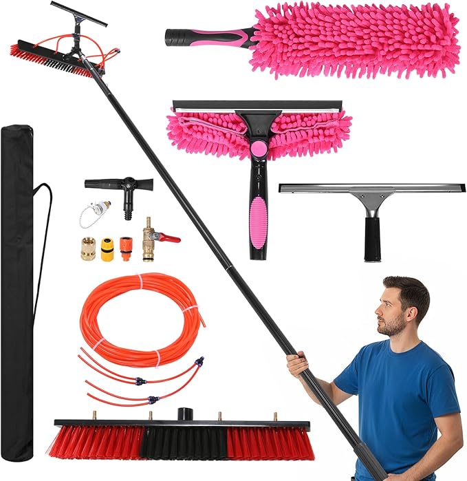 Water Fed Pole Brush Kit with 20m Hose Extendable Solar Panel Washing Tool with 180° Rotating Brushhead for Solar Panel Roof Car
