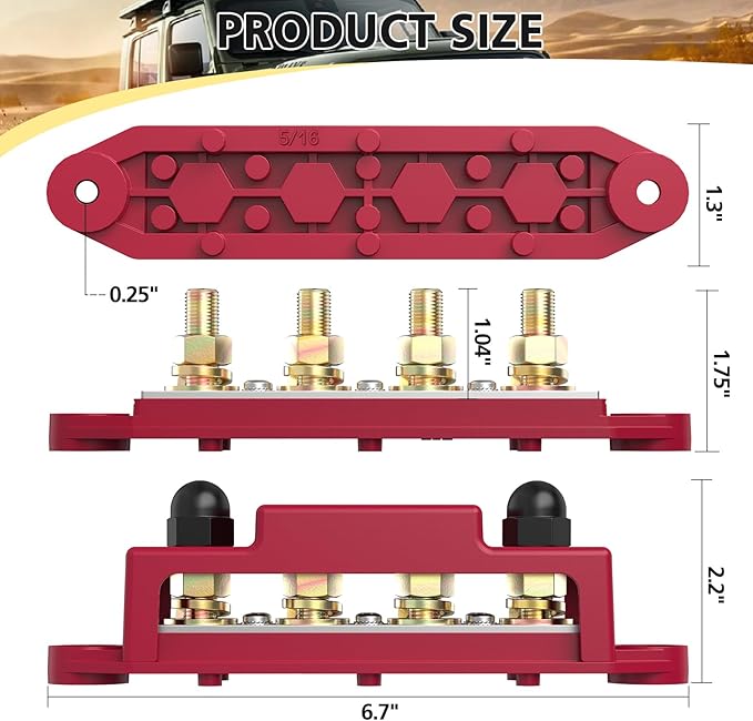 MOFEEZ Power Distribution Block Bus Bar, 4 x 5/16" Post Marine Bus Bar Battery Busbar Terminal Block with Cover, Lugs, Ring Terminals (Pair, Red & Black)