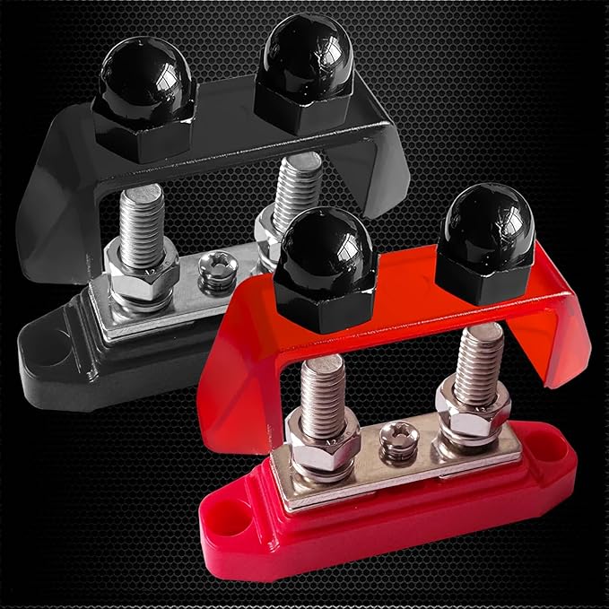 Ampper 5/16" Power Distribution Block Bus Bar 12V 200A, Dual Studs M8 Busbar Battery Junction Post Distribution Block with 1 x M4 Screw Terminal (Red and Black)