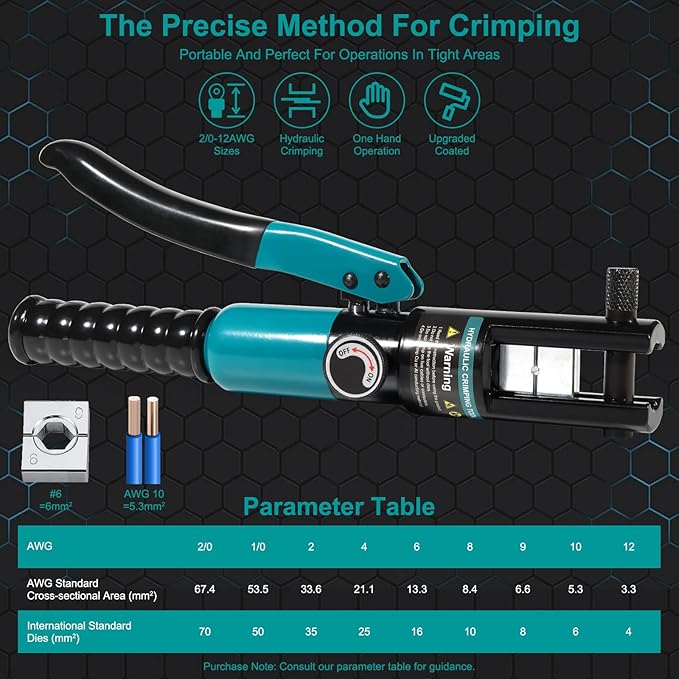10-Ton Hydraulic Crimping Tool with 9 Dies - Battery Cable Crimper Tool & Wire Rope Crimping Tool for 12 AWG to 2/0 AWG, 1/16" 1/8" 3/16" Stainless Steel Cable Railing Tool, Hydraulic Crimper