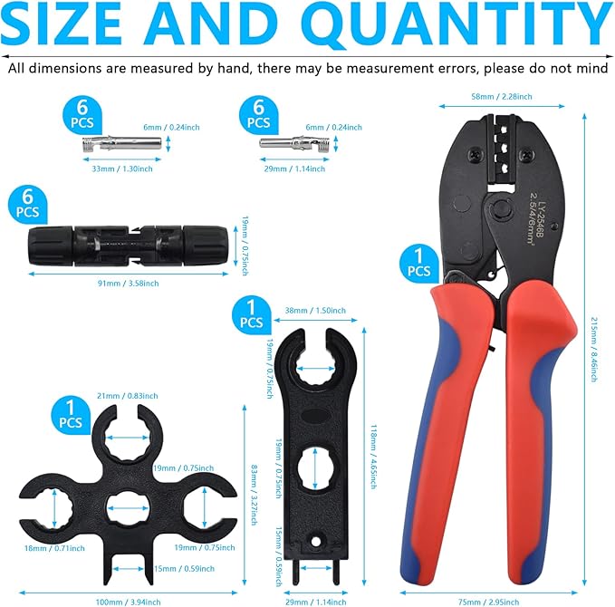 Heavy Duty Solar Cable Crimping Tool Kit, 6 Pairs Solar Panel Connectors, 1Pcs Solar Cable Crimper,1Pcs straight and Cross Spanner Wrenches, Solar Wire Crimping Tool for PV Cable Installation