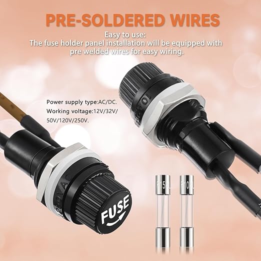 5 Pack Panel Mounted Fuse Holder 6x30mm Screw Cap Fuse Holder 250V AC 10A 125V AC 15A 12V DC Fuse Holder with Pre-Soldered Wires and 10A/15A Fast Blow Glass Fuse kit(6 * 30mm)