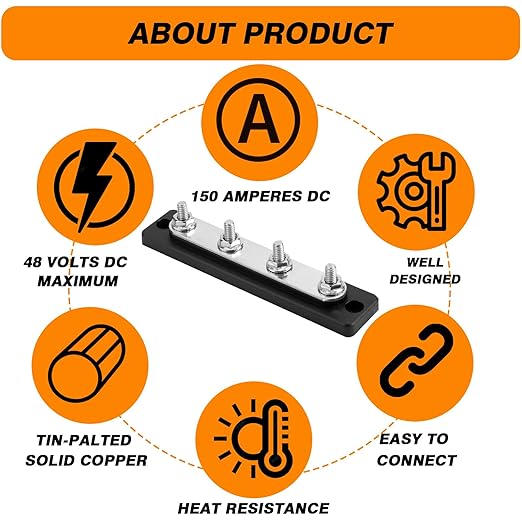 Common Busbar Power Distribution Block Battery Terminal Block for Car & Marine Applications 1/4" M6 150A with Dustproof Cover CBB (4 Poles)