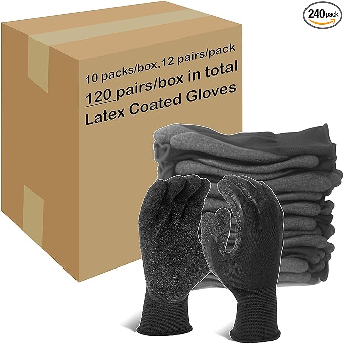 Evridwear Crinkle Latex Rubber Hand Coated Safety Work Gloves for Men Women General Multi Use Construction Warehouse Gardening Assembly Landscaping,Black XX-Large 120 Pairs Pack